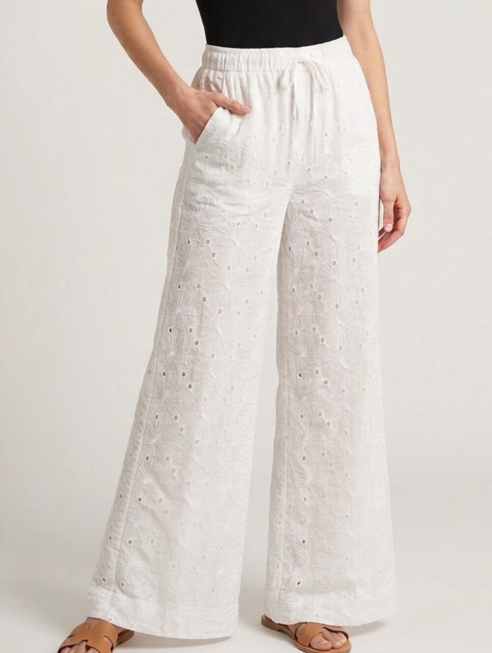 Esqualo White Eyelet Wide-Leg Pants